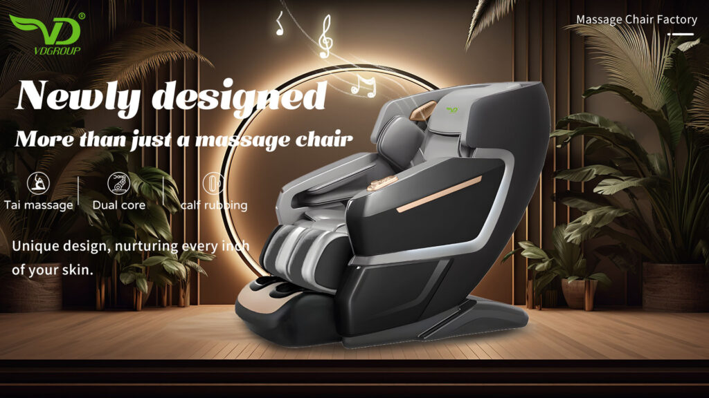 Poster showcasing a massage chair with highlighted features and design