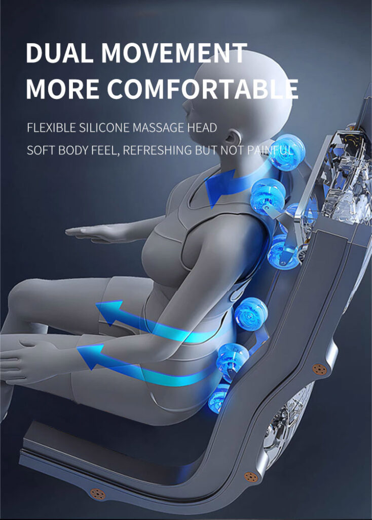 Massage chair with dual motor system and silicone massage heads for effective relief