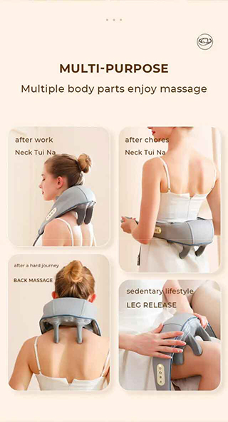 Neck massager showing its versatility and various applications for different body parts.